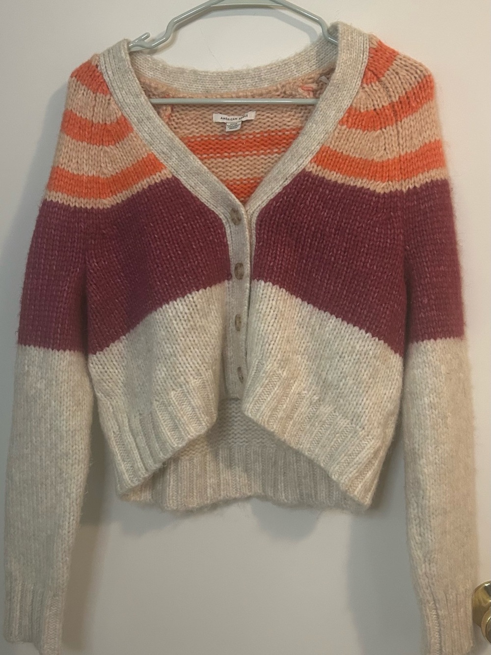 American Eagle S Striped V-Neck Cropped Cardigan Sweater - Cream, Orange & Pink